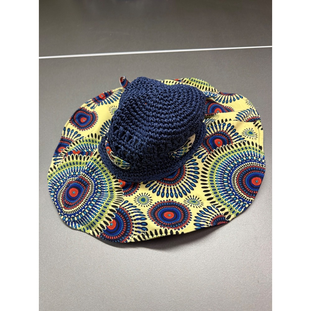 Womens Navy Crochet Sun Hat Wide Brim Yellow Blue Geometric Sunburst Pattern